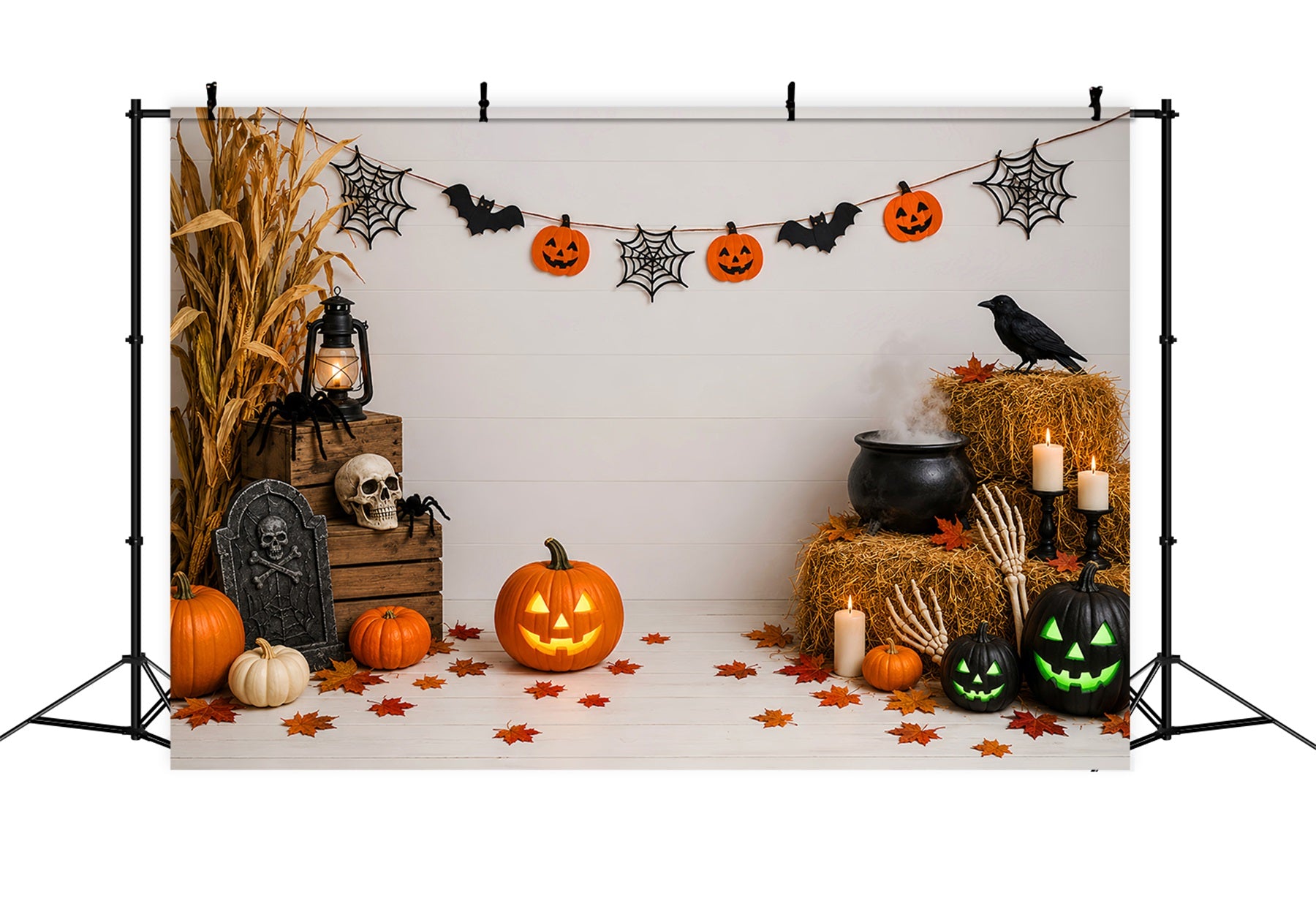 Graveyard Backdrops Rustic Pumpkin Cauldron Display Halloween Birthday Backdrop LXX67-254