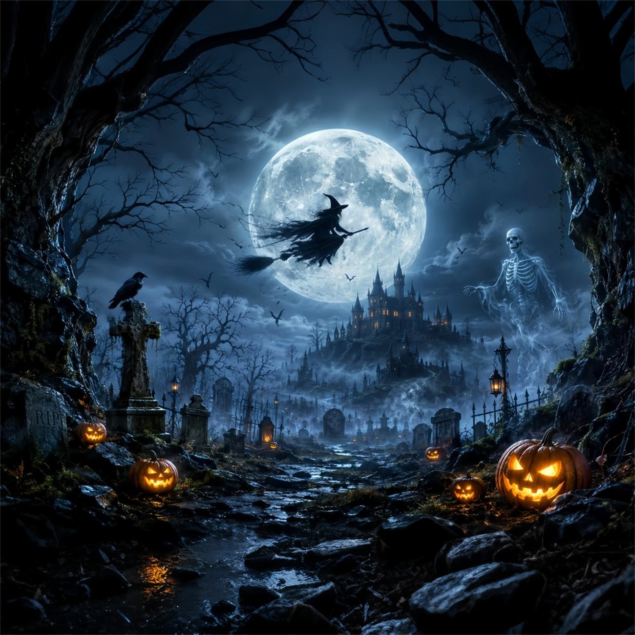 Scary Halloween Backdrop Ideas Moonlit Witch Skeleton Graveyard Halloween Photoshoot Backdrop LXX67-29
