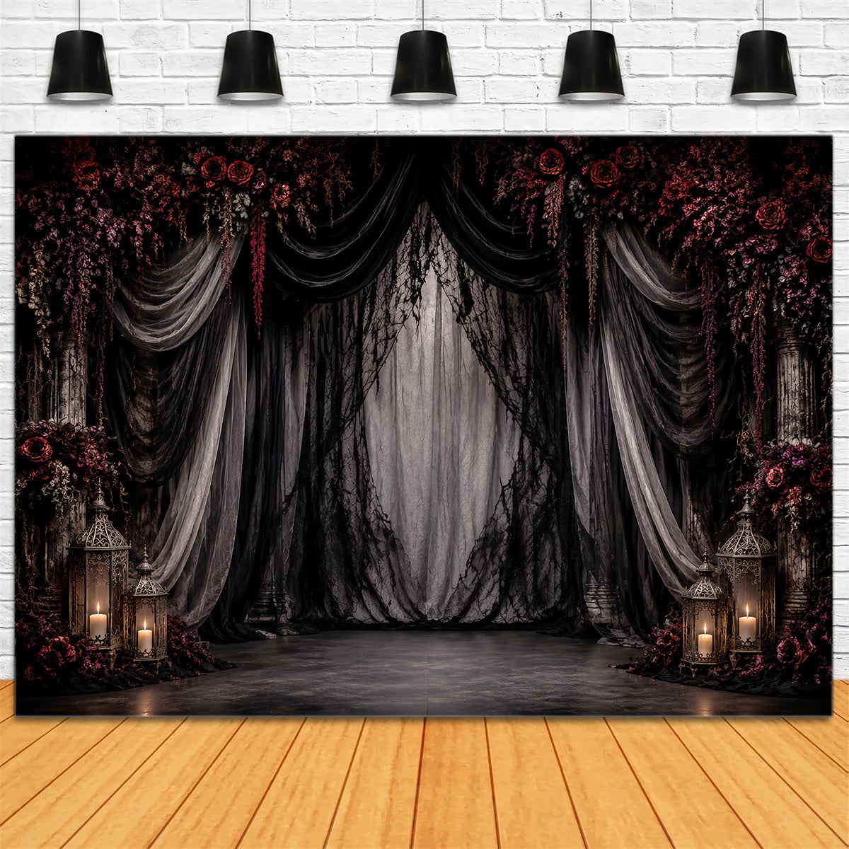 Halloween Wedding Backdrop Gothic Drapery Crimson Roses Halloween Photo Backdrop LXX67-3