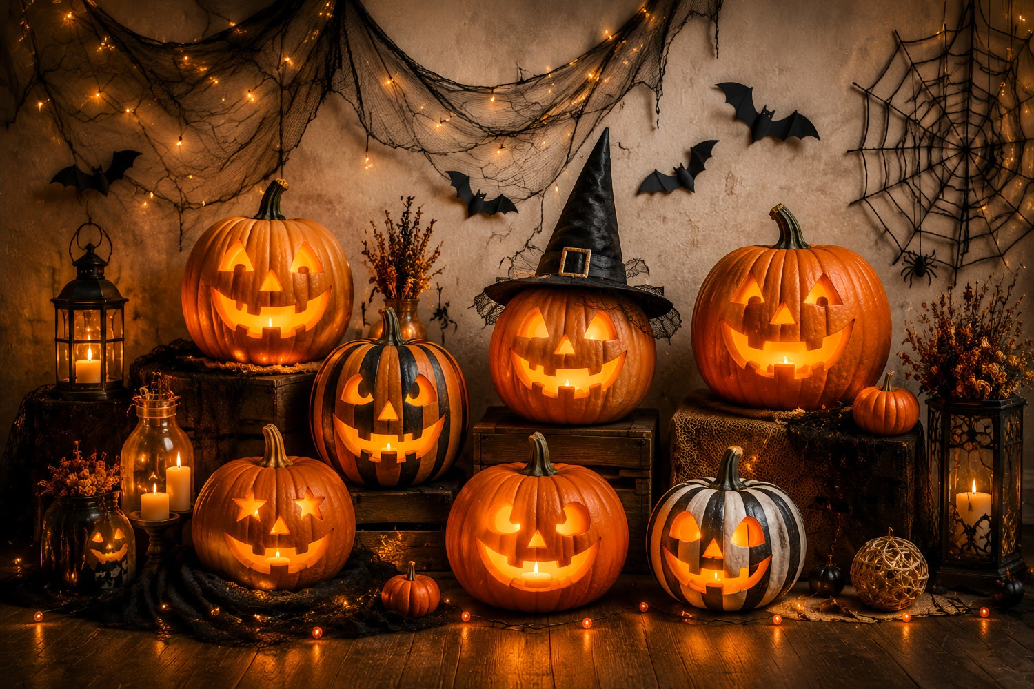 Fabric Halloween Backdrop Glowing Pumpkin Lantern Display Halloween Backdrop For Pictures LXX67-30
