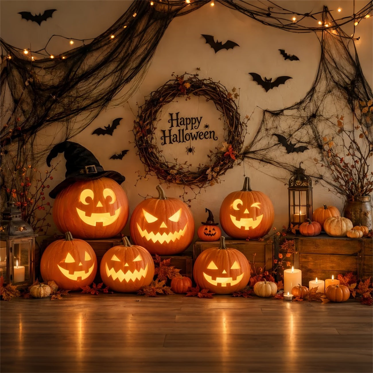 Fabric Halloween Backdrop Rustic Pumpkin Wreath Arrangement Halloween Backdrop For Pictures LXX67-31