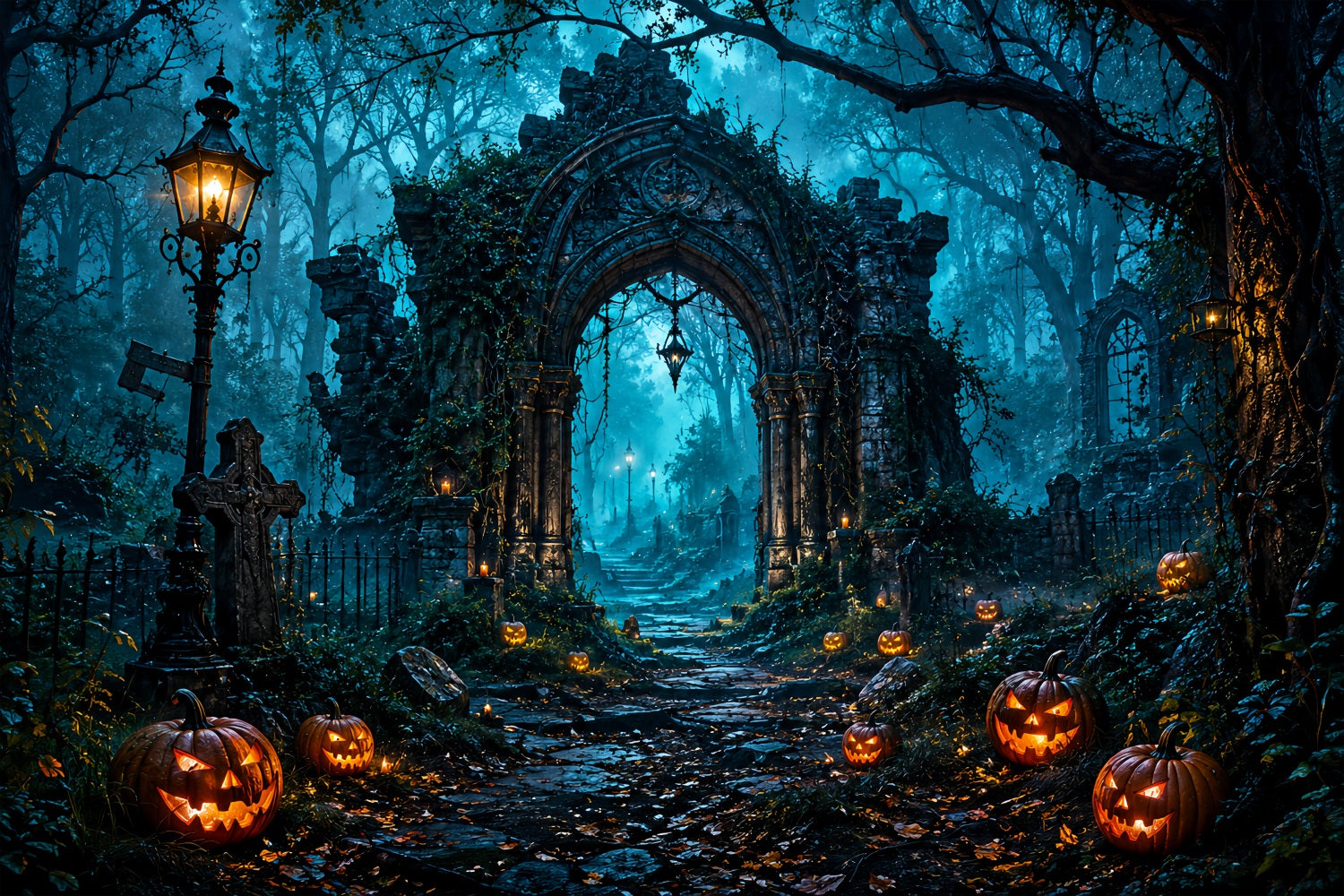 Halloween Arch Backdrop Haunted Forest Ruins Pumpkins Large Halloween Backdrops LXX67-36