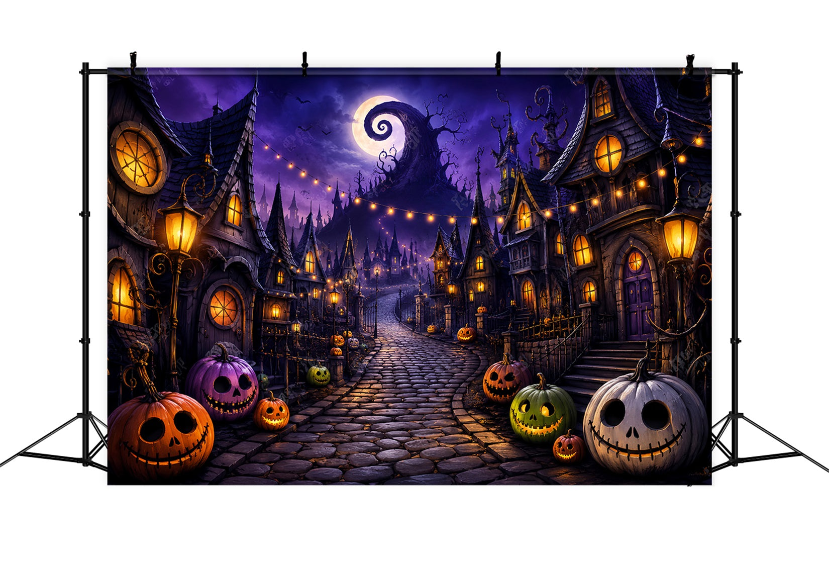 Photography Backdrops Halloween Purple Pumpkin Village Street Halloween Town Backdrop LXX67-40