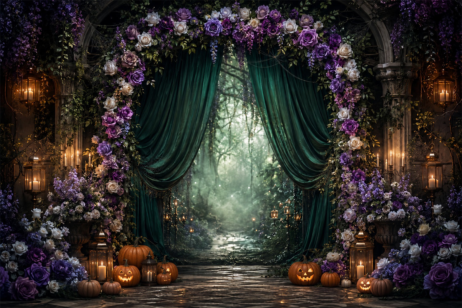 Halloween Backdrop Photography Gothic Floral Forest Arch Halloween Scary Backdrop LXX67-46