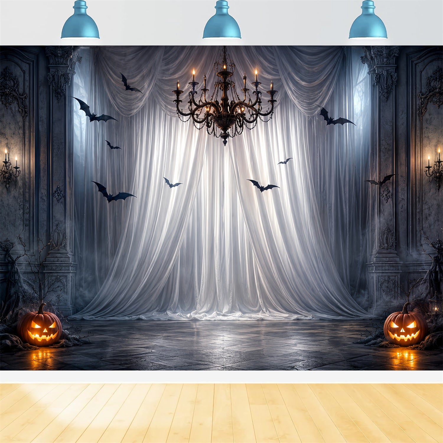 Halloween Party Photo Backdrop Ideas Gothic Drapery Chandelier Bats Creepy Halloween Backdrop LXX67-50
