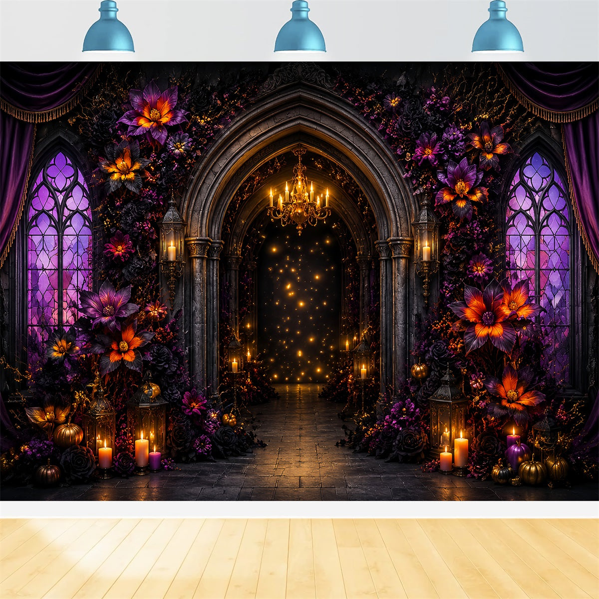 Halloween Scene Backdrop Purple Floral Gothic Arch Backdrop For Halloween LXX67-51