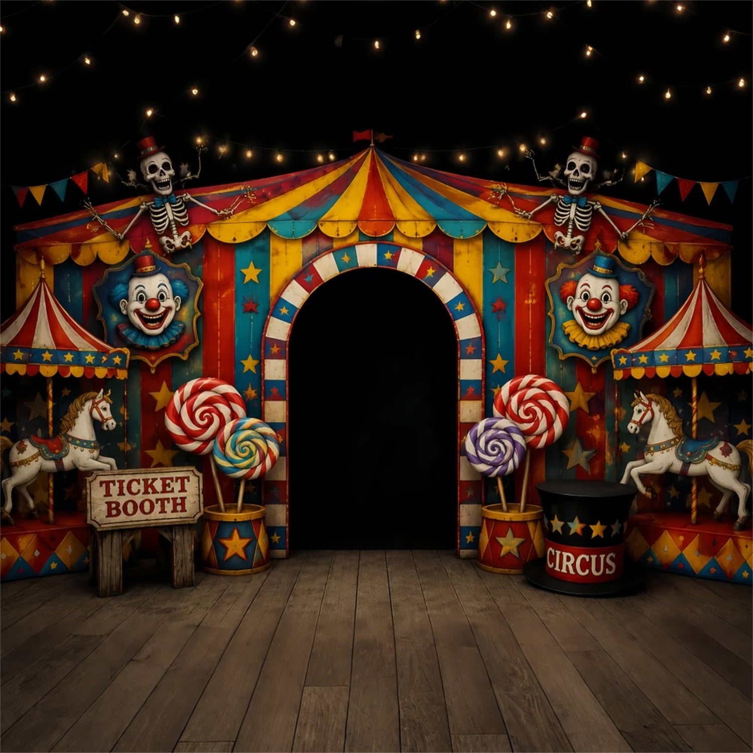 Scary Halloween Photo Backdrops Skeleton Clown Circus Entrance Happy Halloween Backdrop LXX67-52