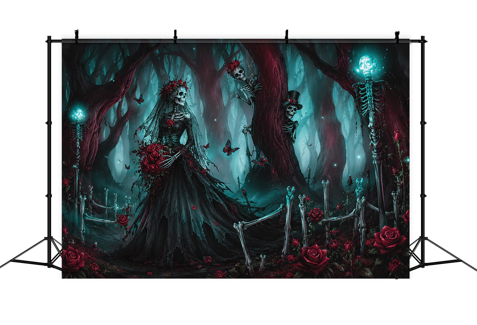 Halloween Wedding Backdrop Skeleton Bride Forest Roses Halloween Photo Backdrop LXX67-59