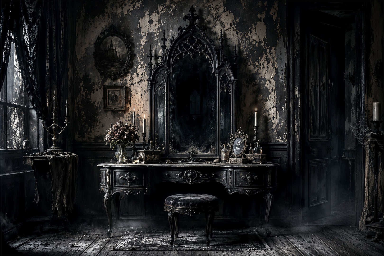 Halloween Theme Backdrop Gothic Mirror Vanity Room Halloween Backdrop For Photos LXX67-60