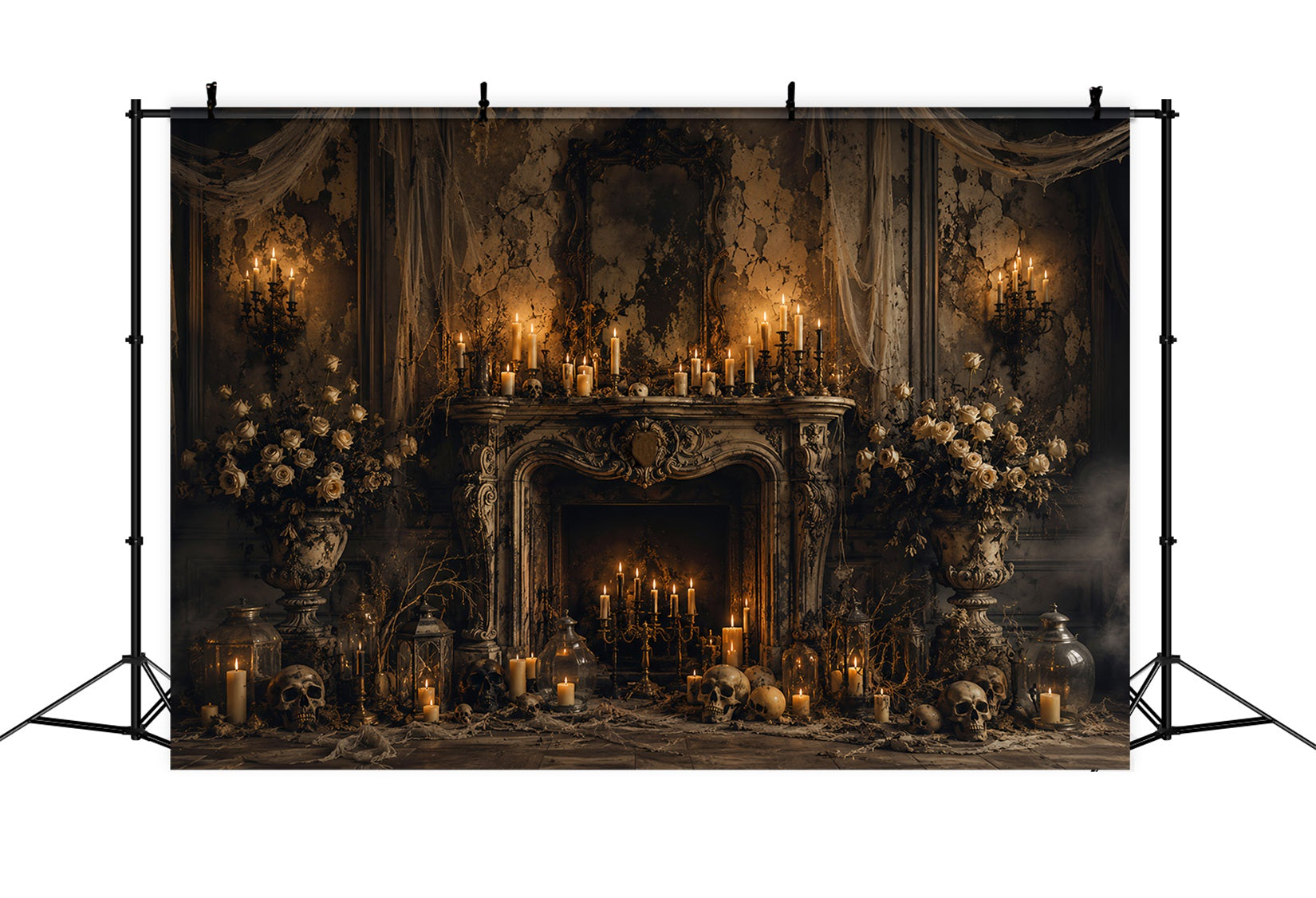 Fabric Halloween Backdrop Gothic Candle Skull Fireplace Halloween Backdrop For Pictures LXX67-61