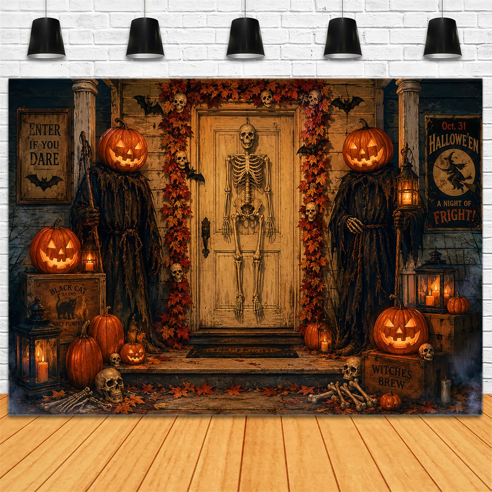 Halloween Themed Backdrops Skeleton Pumpkin Door Entrance Halloween Backdrop Ideas LXX67-62