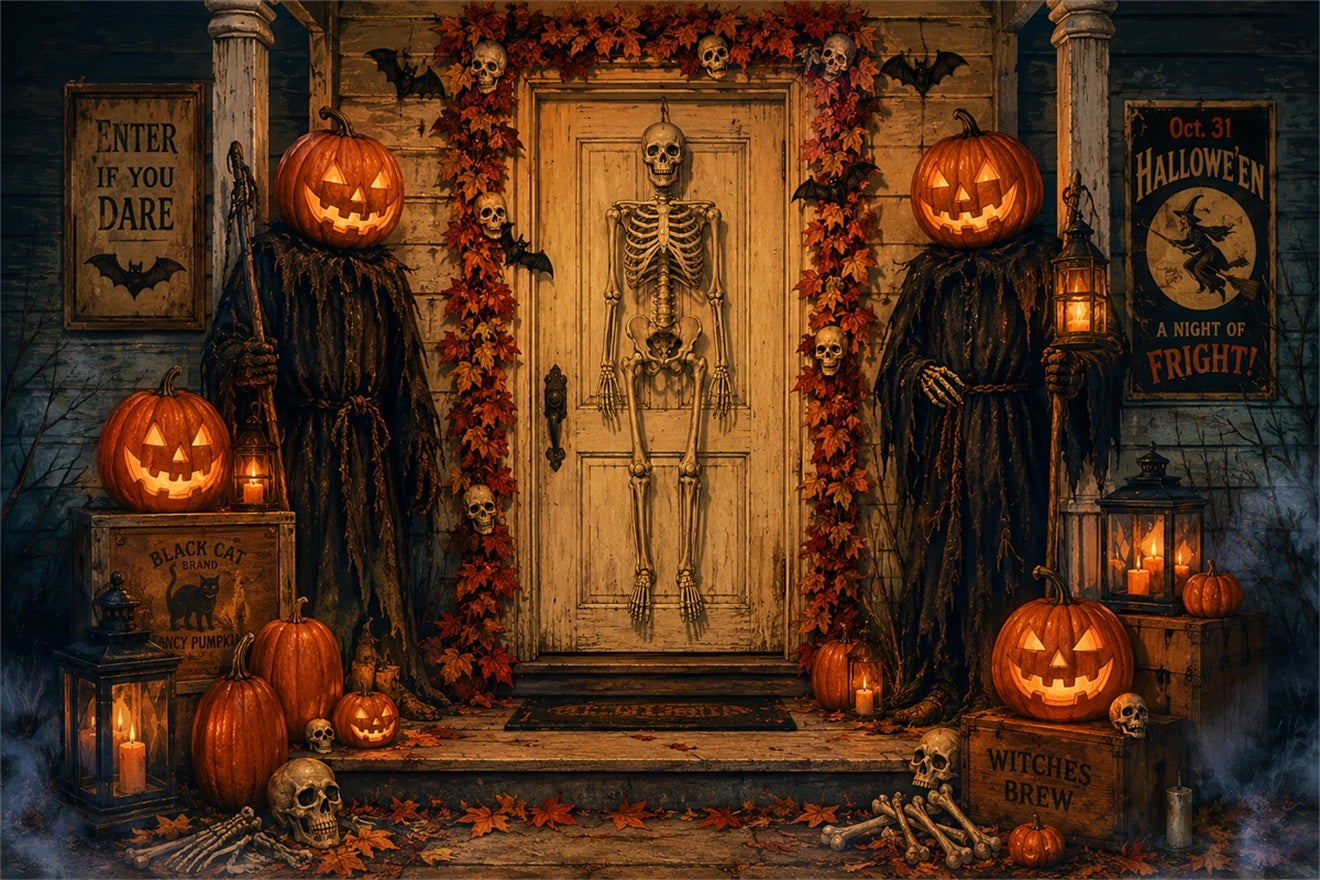 Halloween Themed Backdrops Skeleton Pumpkin Door Entrance Halloween Backdrop Ideas LXX67-62