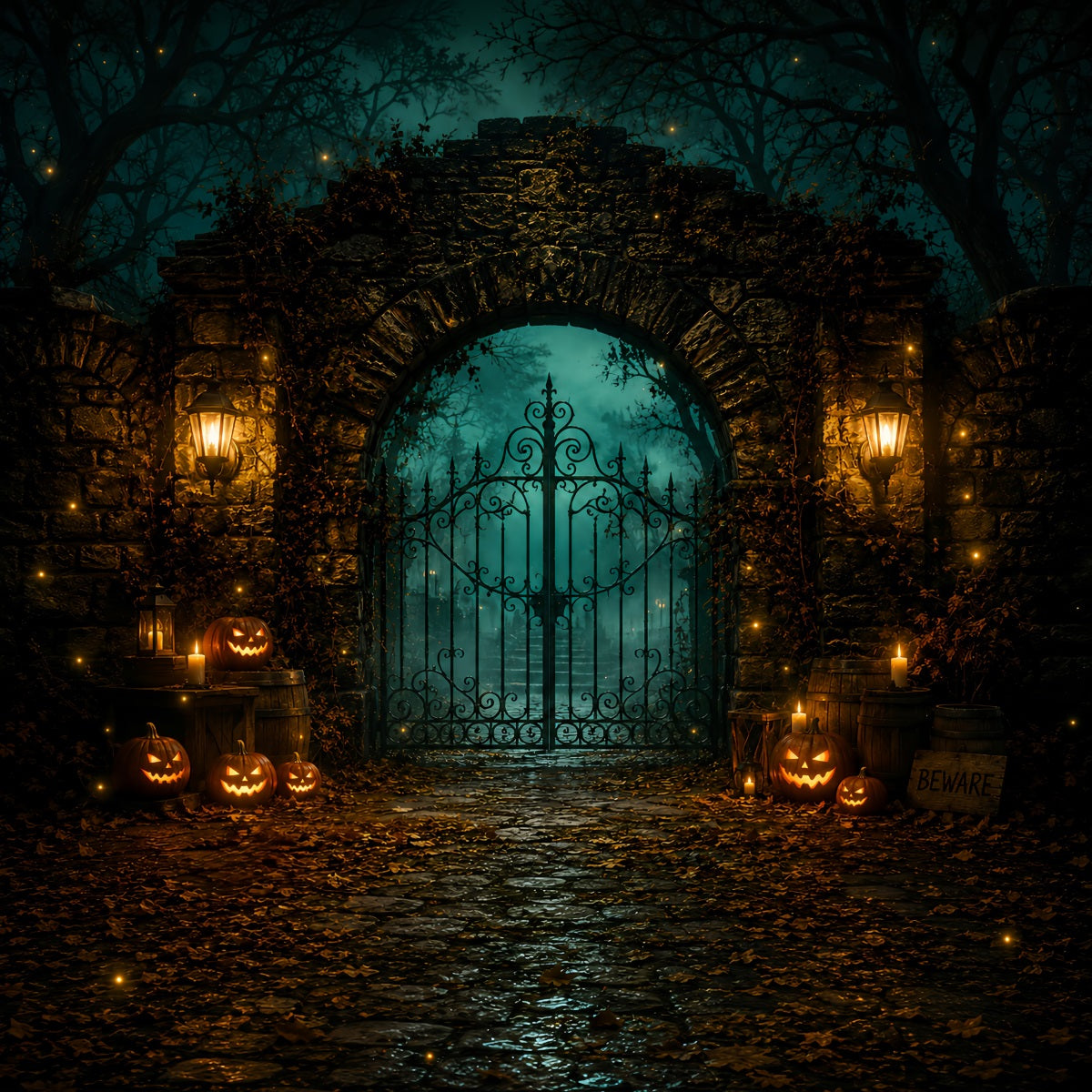 Halloween Party Backdrops Lantern Stone Pumpkin Gate Halloween Photo Booth Backdrop LXX67-64