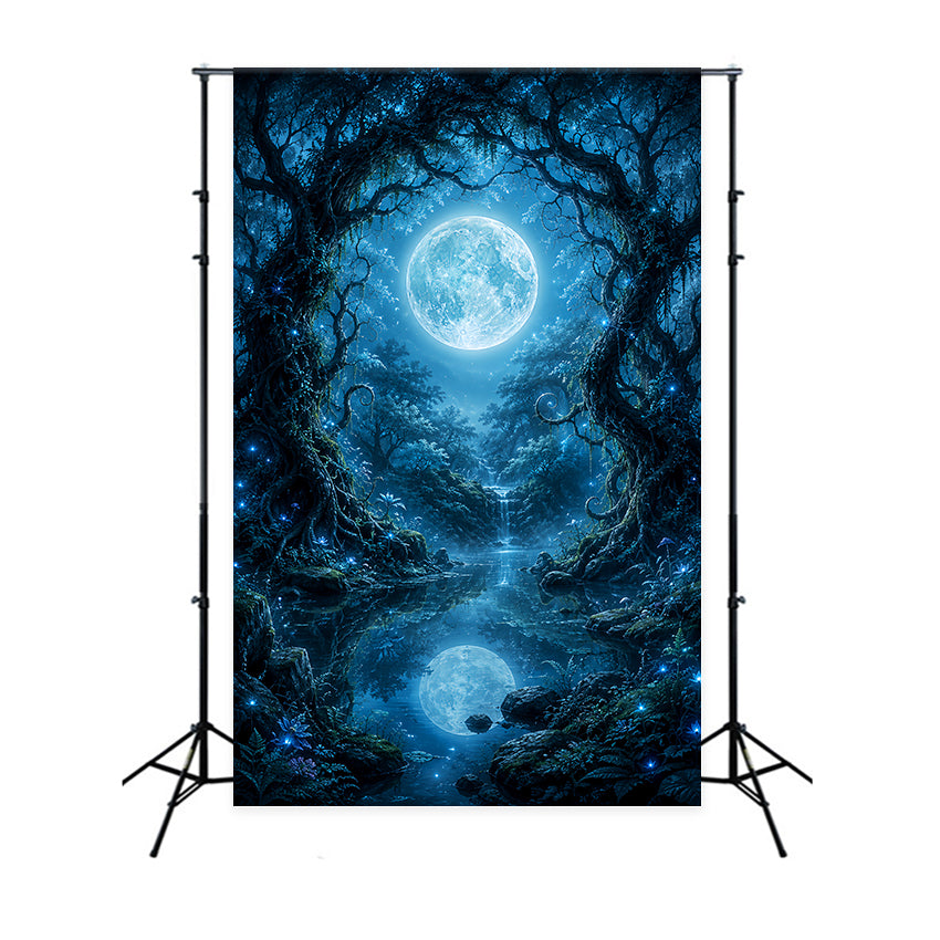 Halloween Moon Backdrop Moonlit Enchanted Forest Lake Halloween Photo Backdrops LXX67-65