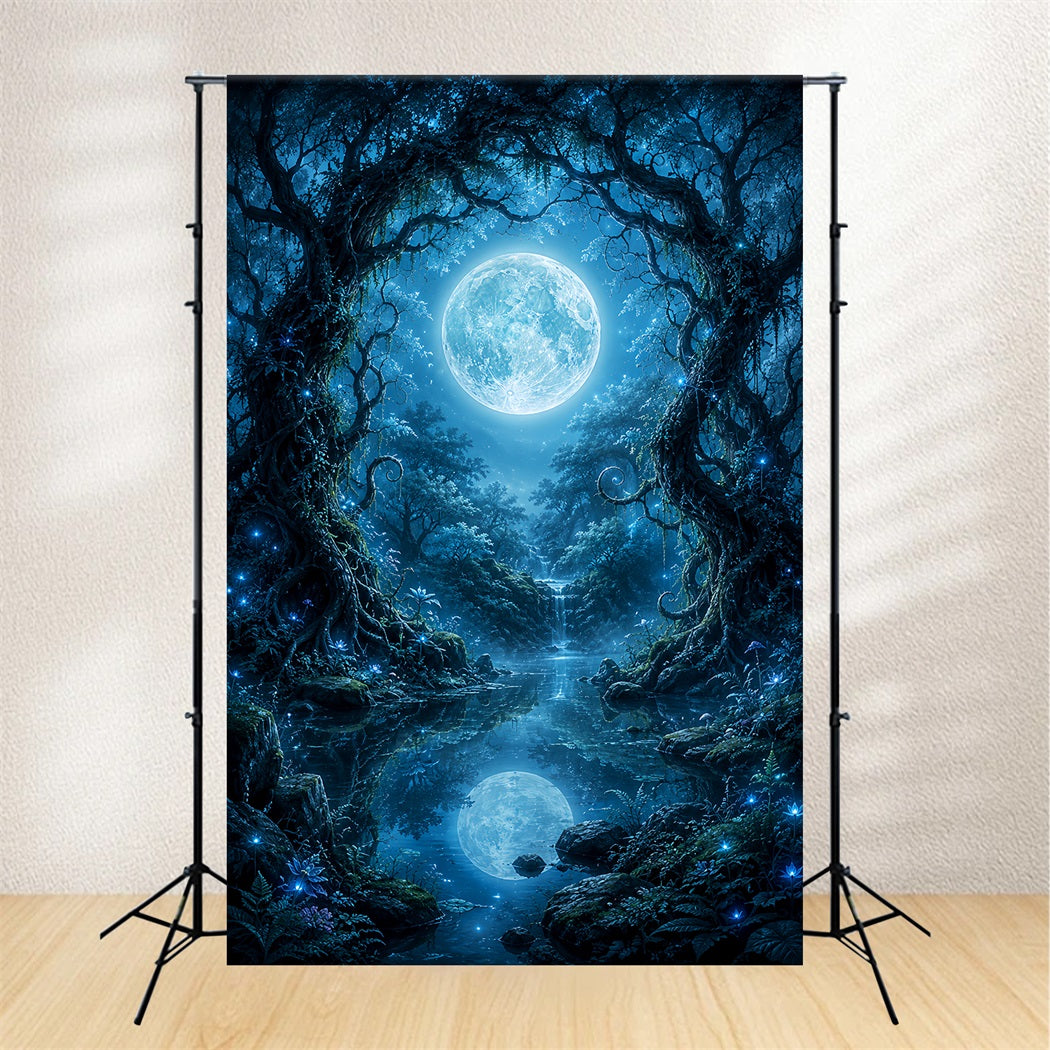 Halloween Moon Backdrop Moonlit Enchanted Forest Lake Halloween Photo Backdrops LXX67-65