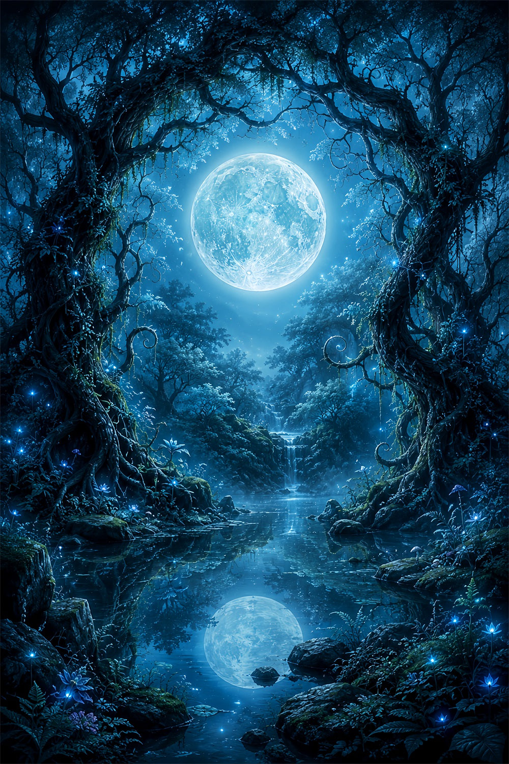 Halloween Moon Backdrop Moonlit Enchanted Forest Lake Halloween Photo Backdrops LXX67-65