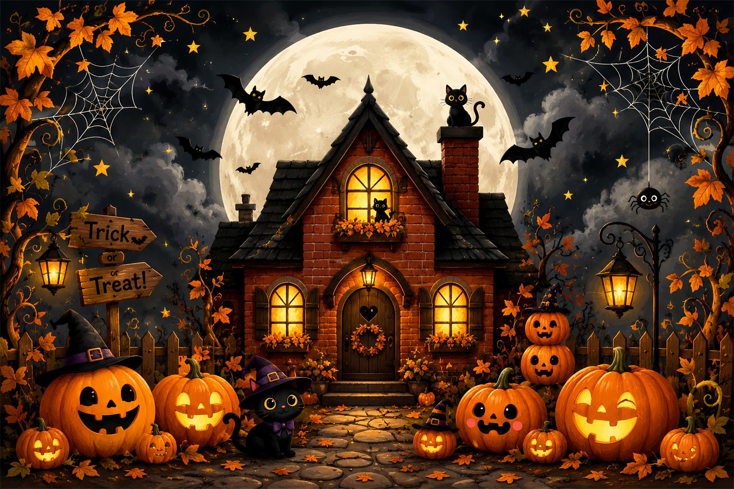Outdoor Halloween Backdrop Cute Pumpkin Cat Cottage Spooky Halloween Backdrop LXX67-66