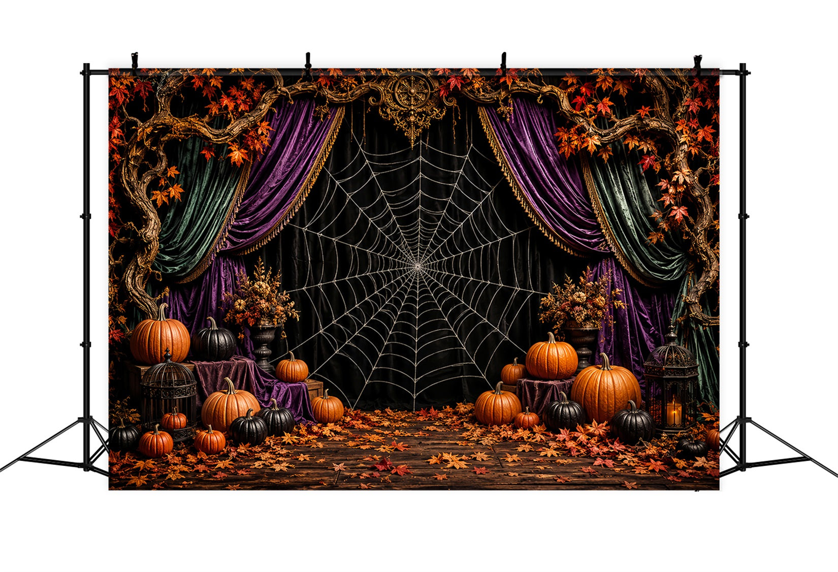 Halloween Backdrop Photo Spiderweb Velvet Pumpkin Stage Halloween Party Backdrop LXX67-67