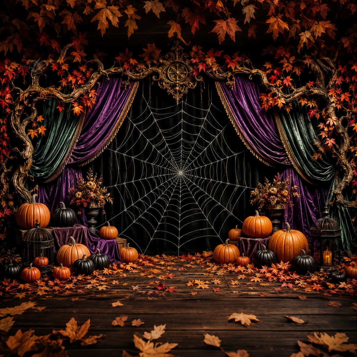 Halloween Backdrop Photo Spiderweb Velvet Pumpkin Stage Halloween Party Backdrop LXX67-67