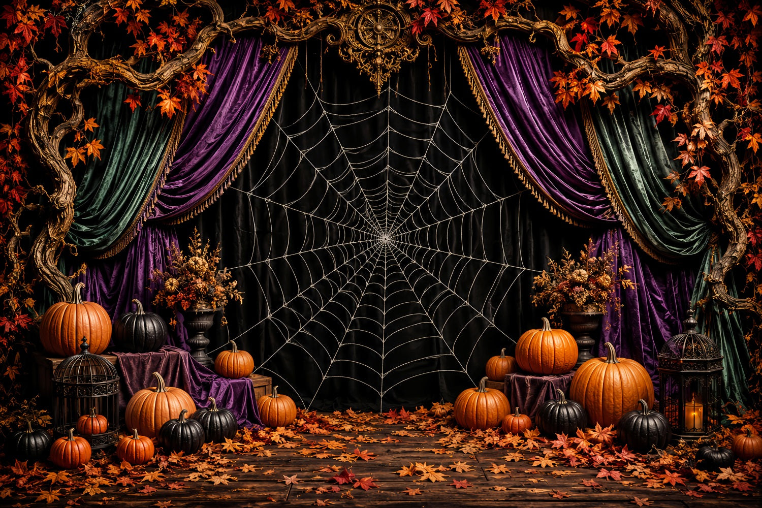Halloween Backdrop Photo Spiderweb Velvet Pumpkin Stage Halloween Party Backdrop LXX67-67