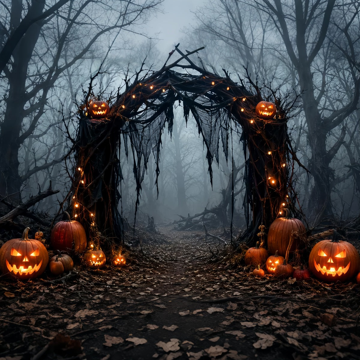 Halloween Outdoor Backdrop Foggy Pumpkin Forest Arch Halloween Backdrops For Photos LXX67-68