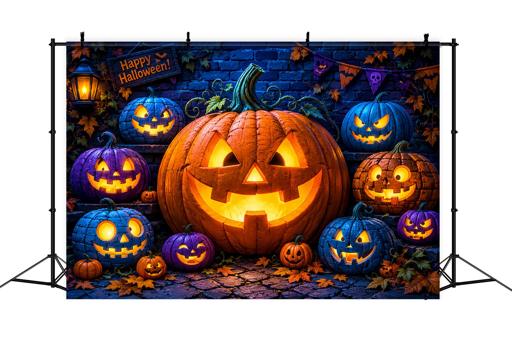 Halloween Pumpkin Backdrop Colorful Lanterns Brick Wall Halloween Photo Backdrop Ideas LXX67-69
