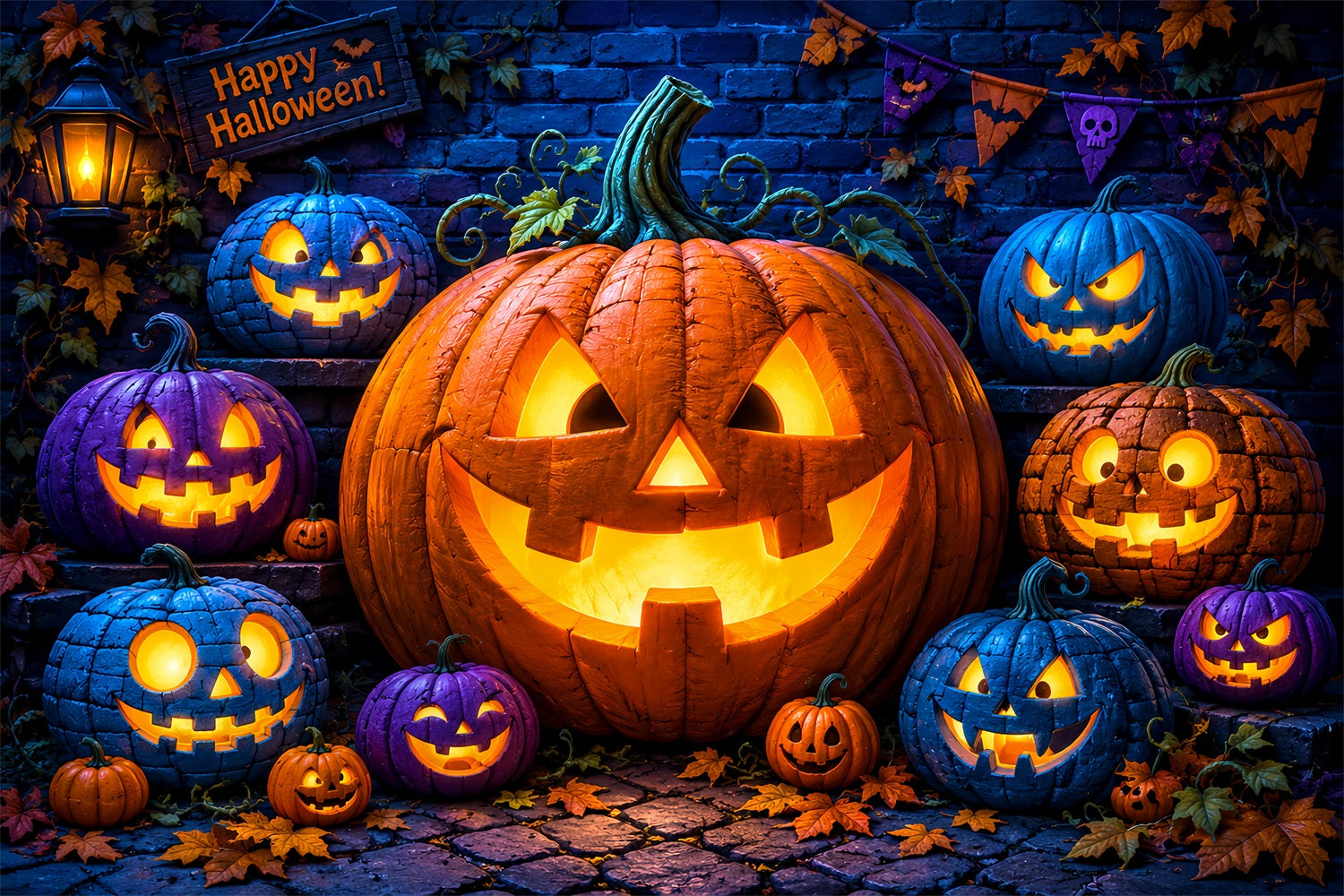 Halloween Pumpkin Backdrop Colorful Lanterns Brick Wall Halloween Photo Backdrop Ideas LXX67-69