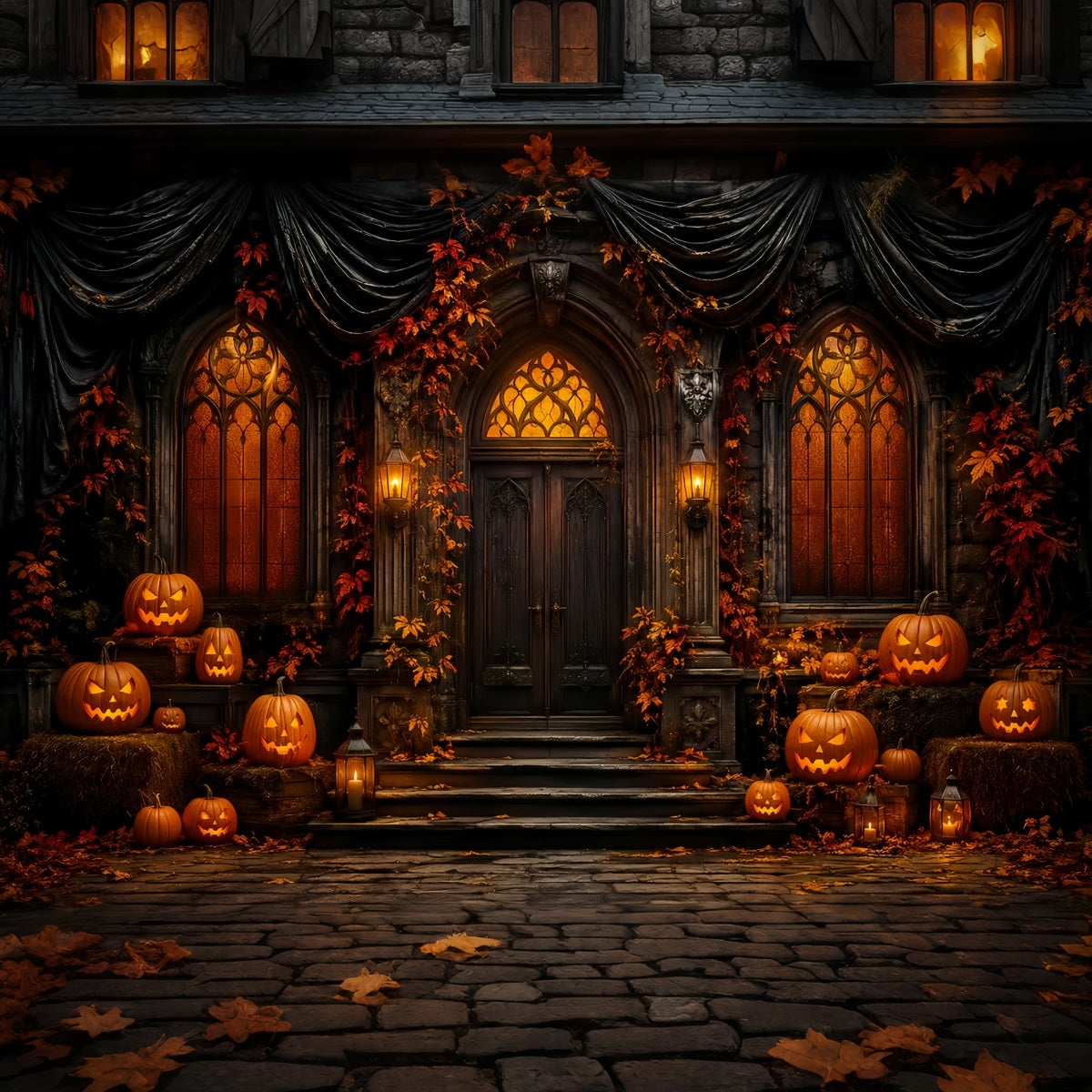 Cute Halloween Photo Backdrop Gothic Pumpkin Manor Door Backdrop Halloween LXX67-70