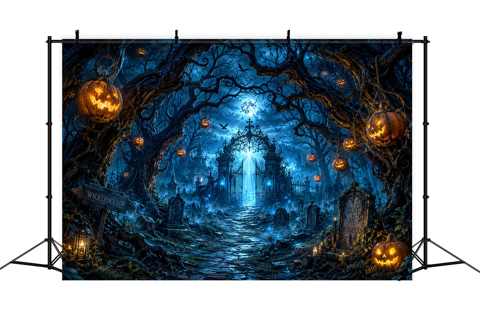 Custom Halloween Backdrop Moonlit Pumpkin Cemetery Gate Halloween Graveyard Backdrop LXX67-71