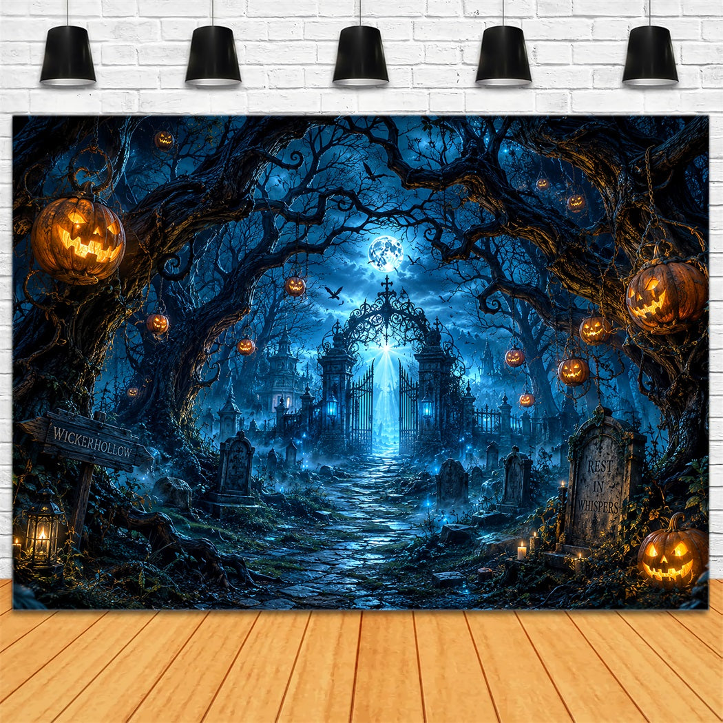 Custom Halloween Backdrop Moonlit Pumpkin Cemetery Gate Halloween Graveyard Backdrop LXX67-71