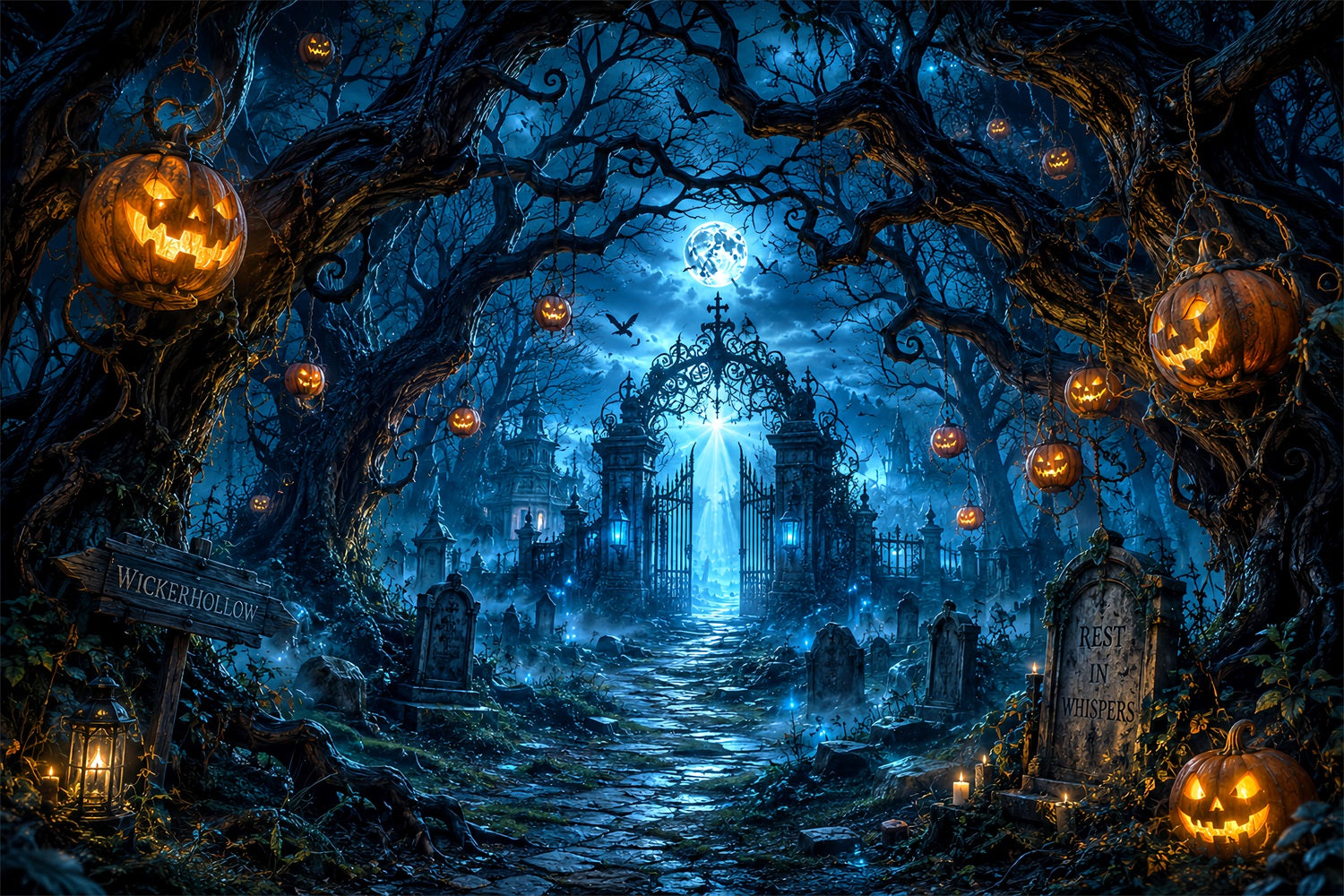 Custom Halloween Backdrop Moonlit Pumpkin Cemetery Gate Halloween Graveyard Backdrop LXX67-71
