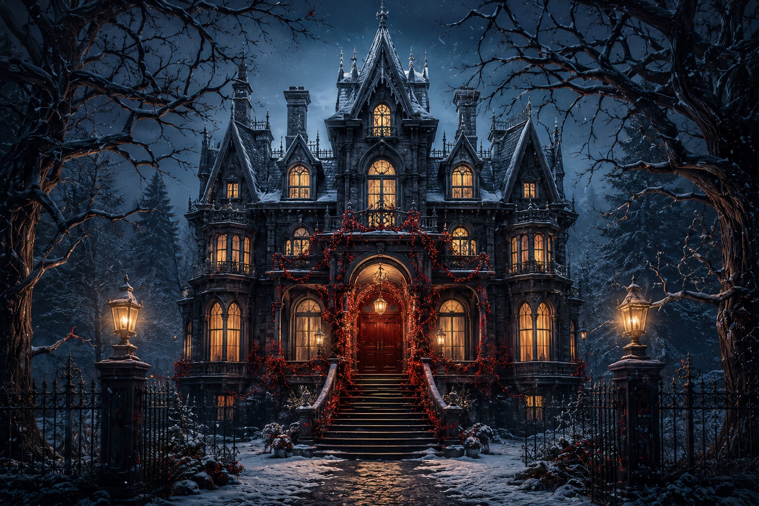 Halloween Castle Backdrop Snowy Gothic Mansion Entrance Large Halloween Backdrop LXX67-73