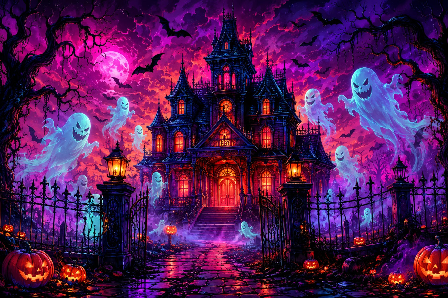 Halloween Cardboard Backdrops Neon Ghost Mansion Night Halloween Photography Backdrop LXX67-76
