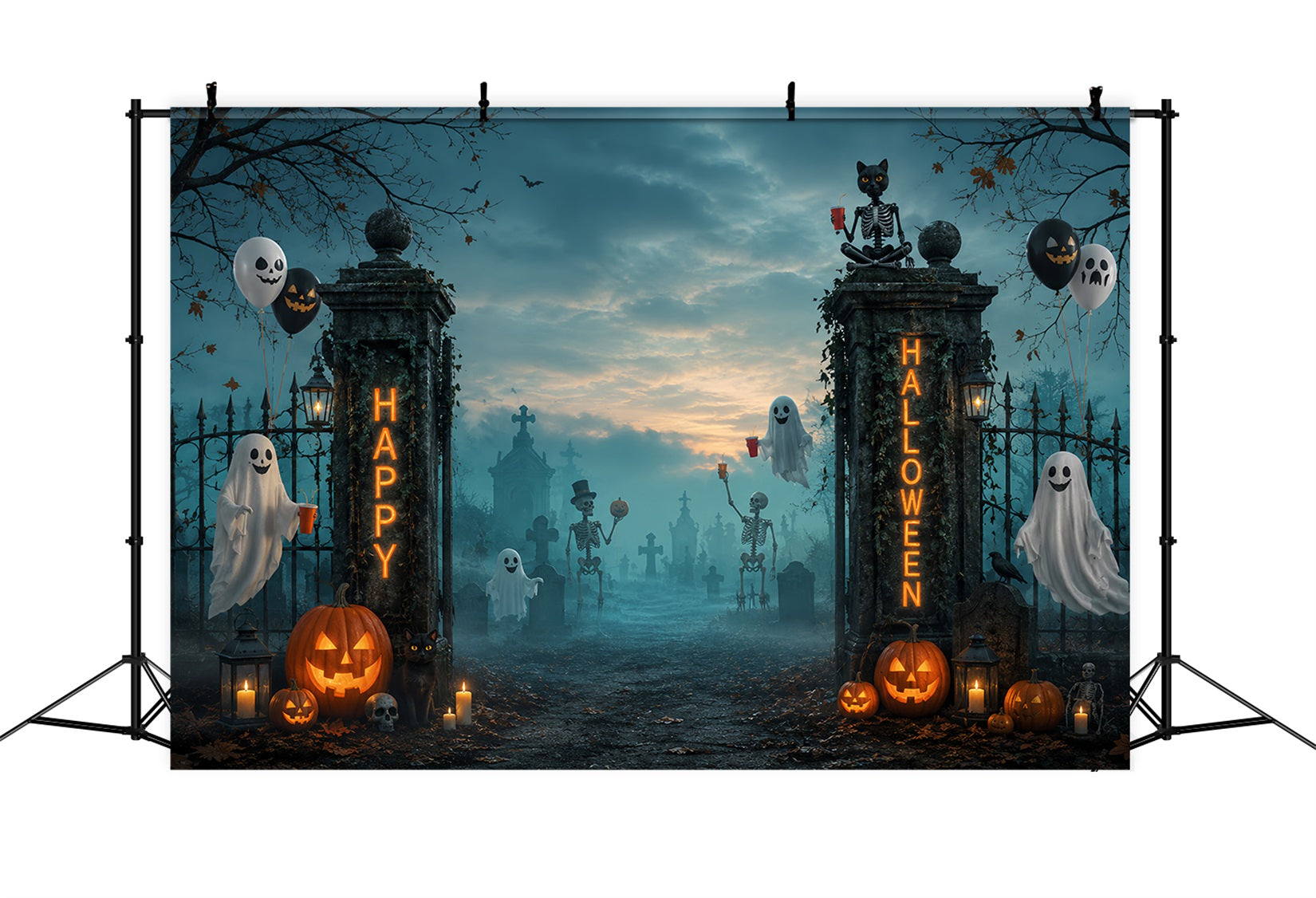 Halloween Graveyard Backdrops Ghost Skeleton Cemetery Gate Photo Booth Halloween Backdrop LXX67-79