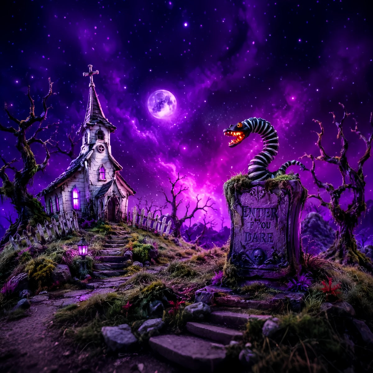 Halloween Spooky Backdrop Purple Church Serpent Tombstone Spooky Halloween Backdrops LXX67-81