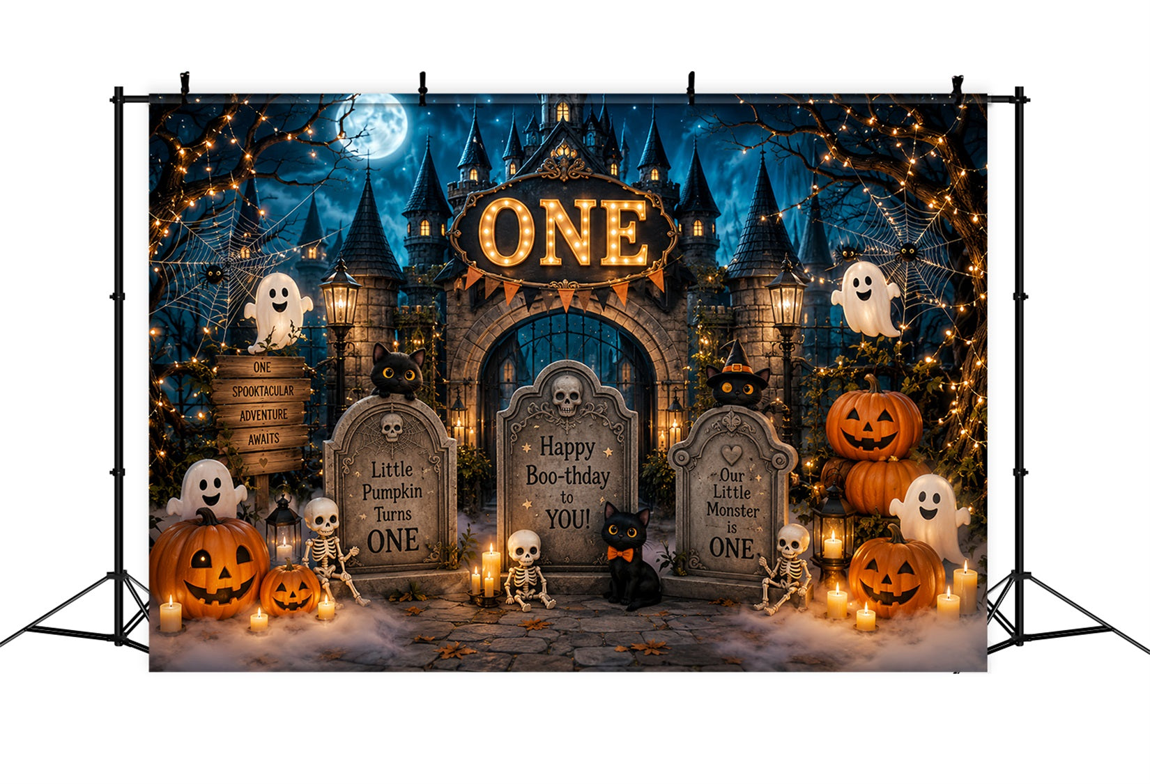 Halloween Picture Backdrops Boo Birthday Graveyard Castle Halloween Birthday Backdrop LXX67-83