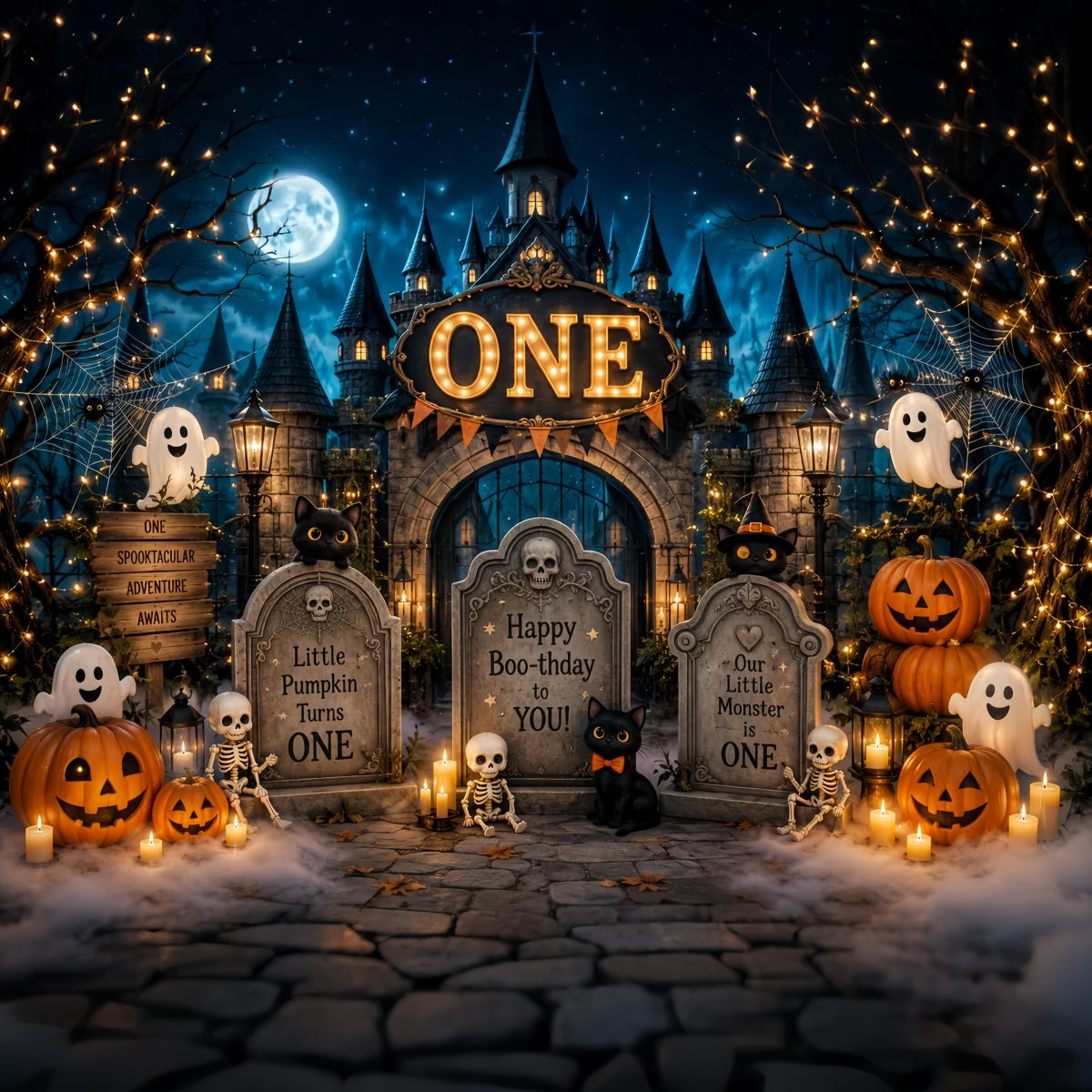 Halloween Picture Backdrops Boo Birthday Graveyard Castle Halloween Birthday Backdrop LXX67-83