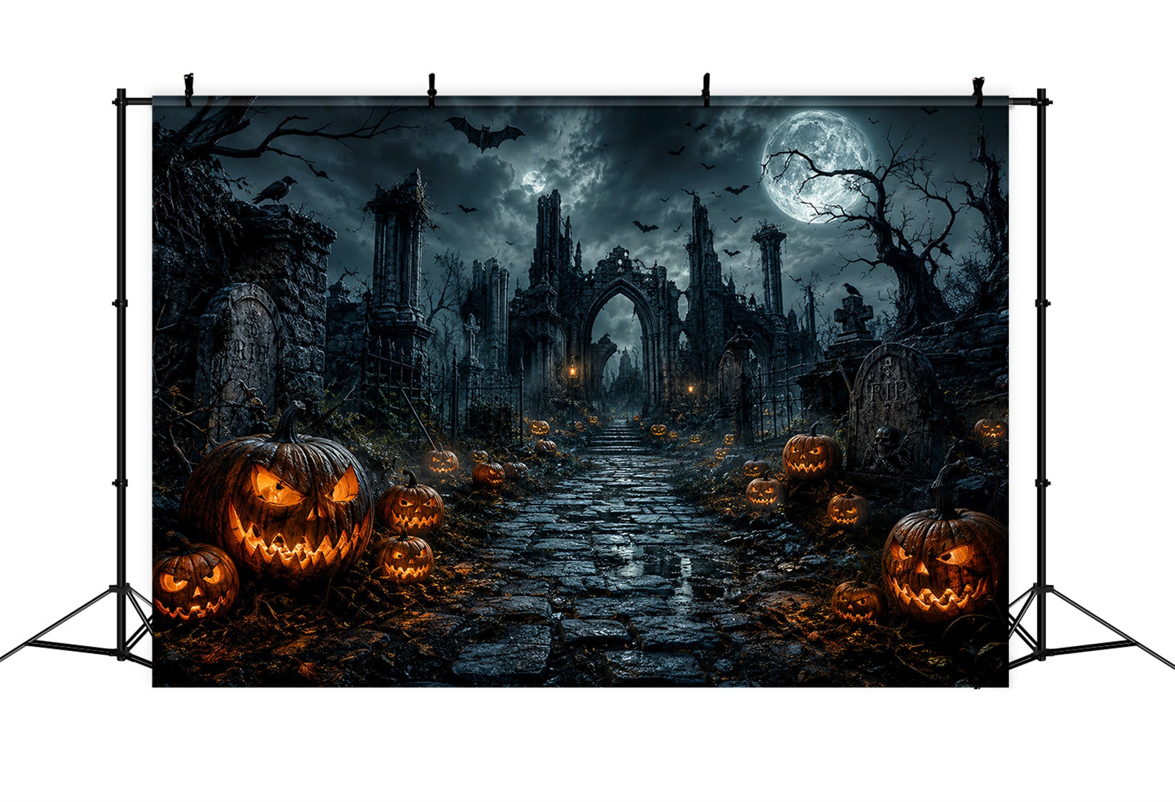 Scary Halloween Backdrop Ideas Gothic Graveyard Pumpkin Ruins Halloween Photoshoot Backdrop LXX67-85