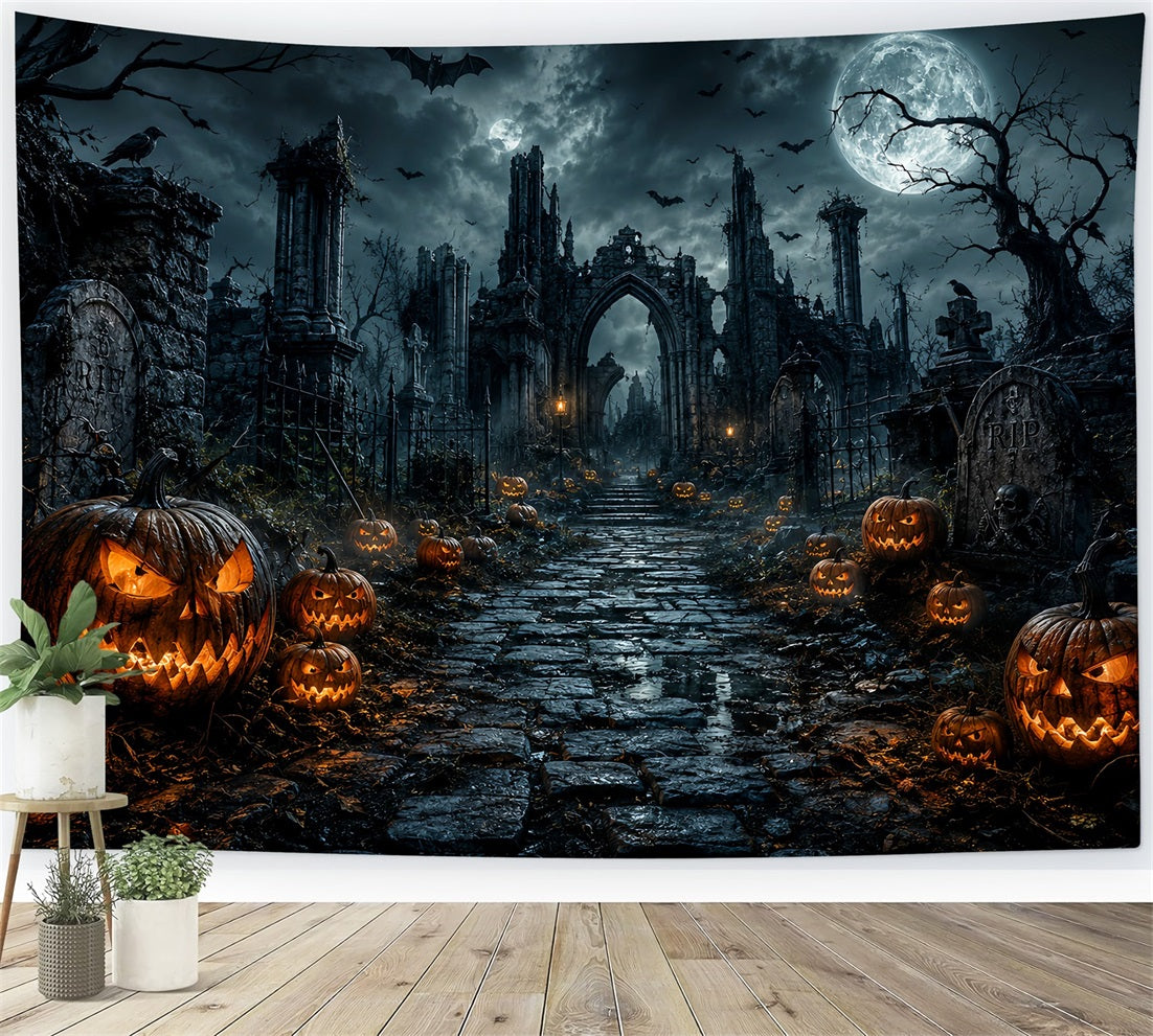 Scary Halloween Backdrop Ideas Gothic Graveyard Pumpkin Ruins Halloween Photoshoot Backdrop LXX67-85
