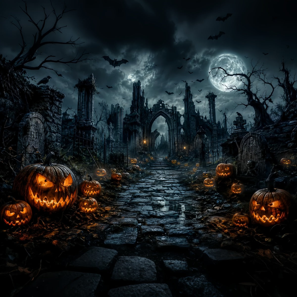 Scary Halloween Backdrop Ideas Gothic Graveyard Pumpkin Ruins Halloween Photoshoot Backdrop LXX67-85