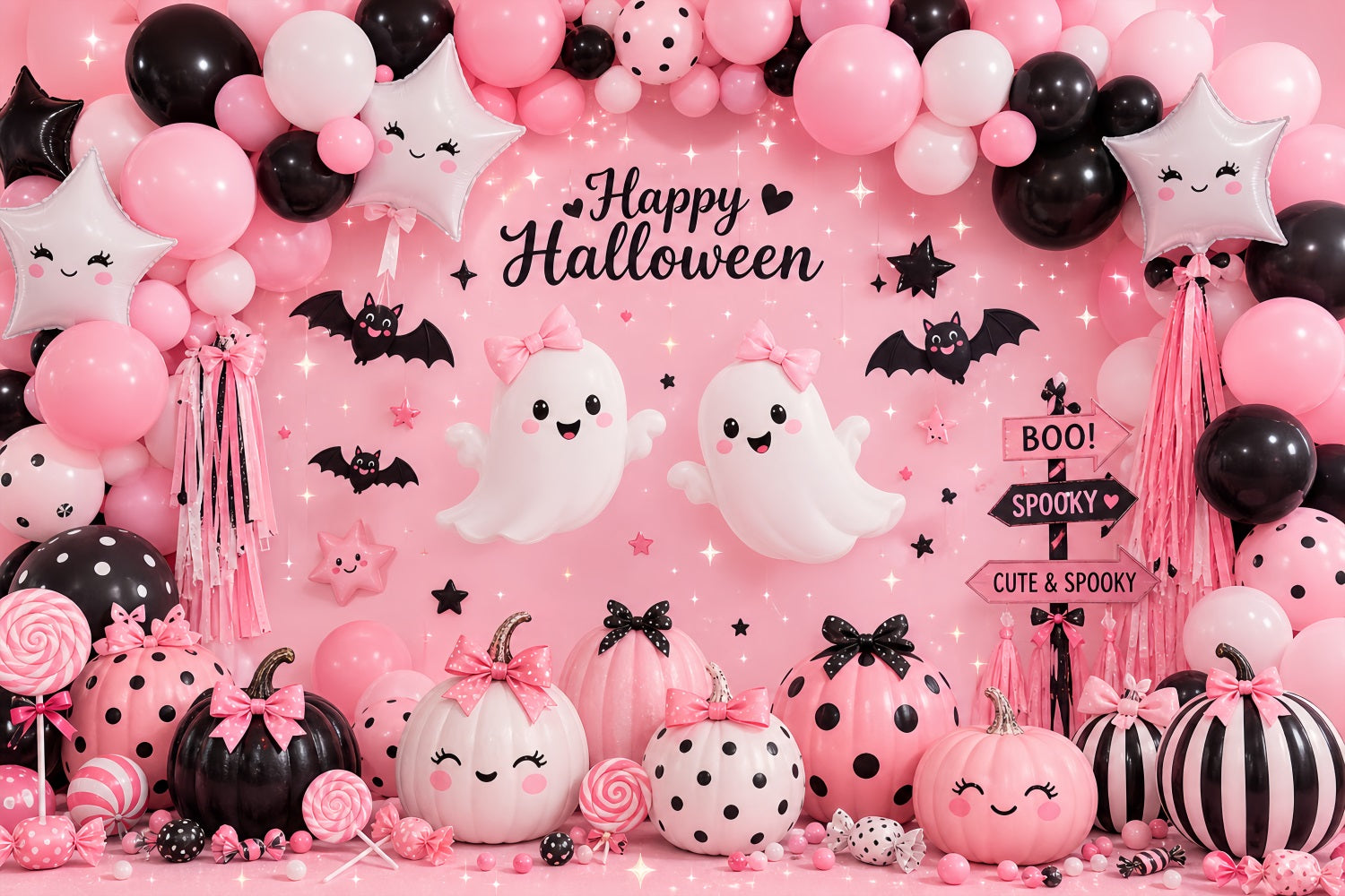 Halloween Balloon Backdrop Pink Ghost Pumpkin Party Halloween Themed Backdrop LXX67-86