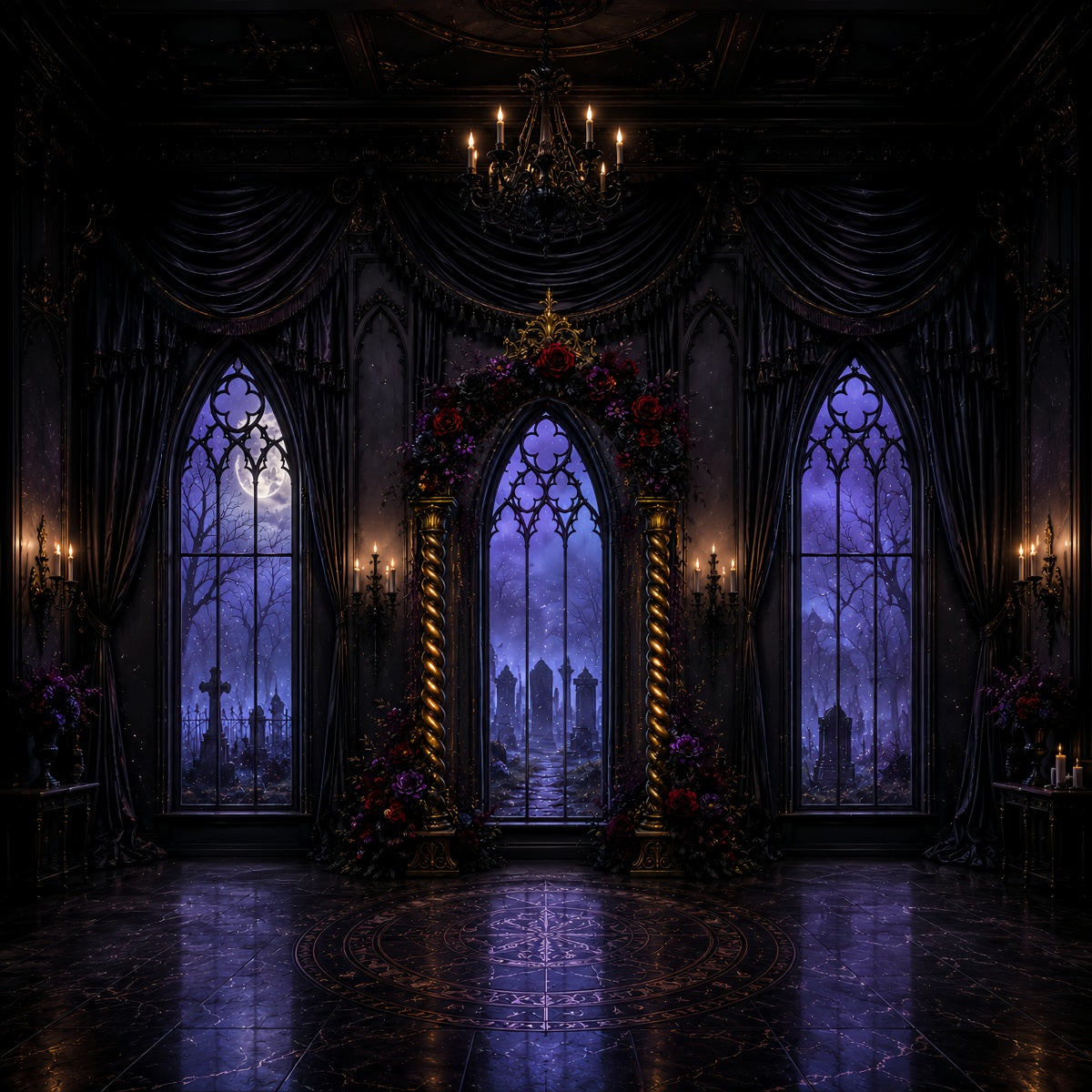 Halloween Arch Backdrop Gothic Floral Window Hall Large Halloween Backdrops LXX67-89