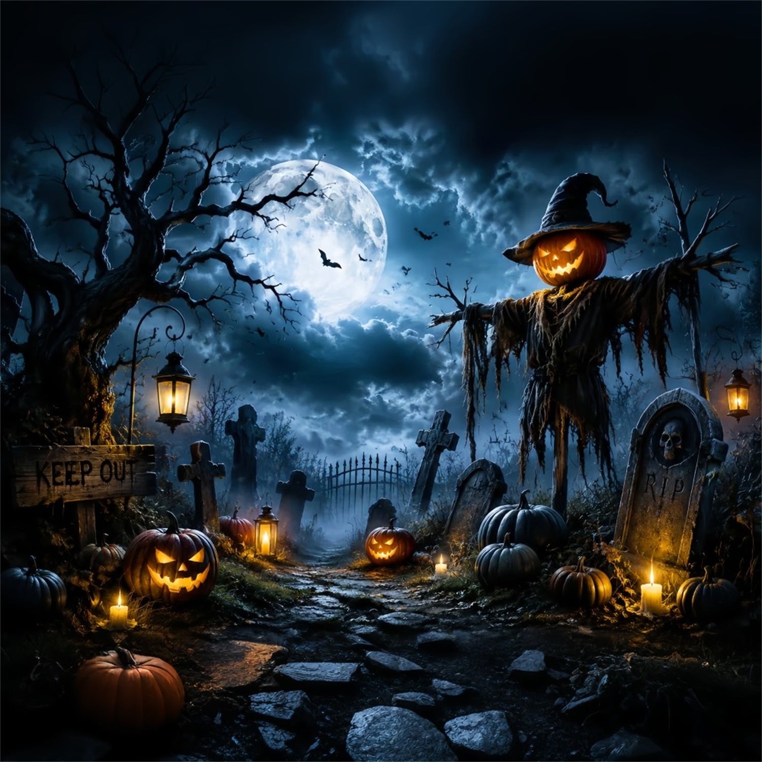 Outdoor Halloween Backdrop Moonlit Pumpkin Scarecrow Graveyard Spooky Halloween Backdrop LXX67-9
