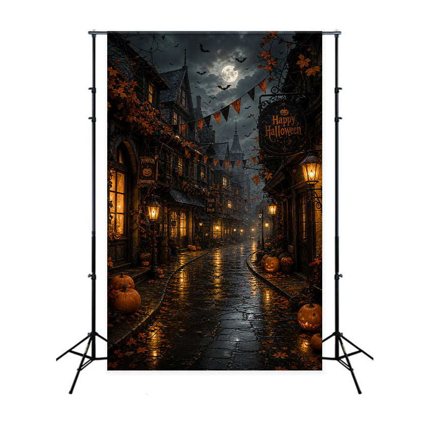 Photography Backdrops Halloween Moonlit Pumpkin Village Street Halloween Town Backdrop LXX67-93