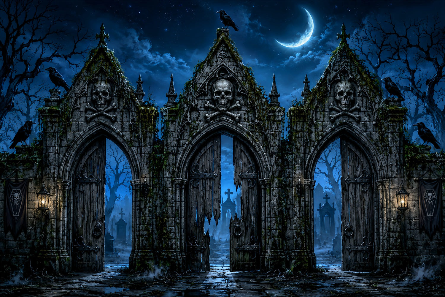 Halloween Backdrop Photography Skull Graveyard Moon Gate Halloween Scary Backdrop LXX67-98