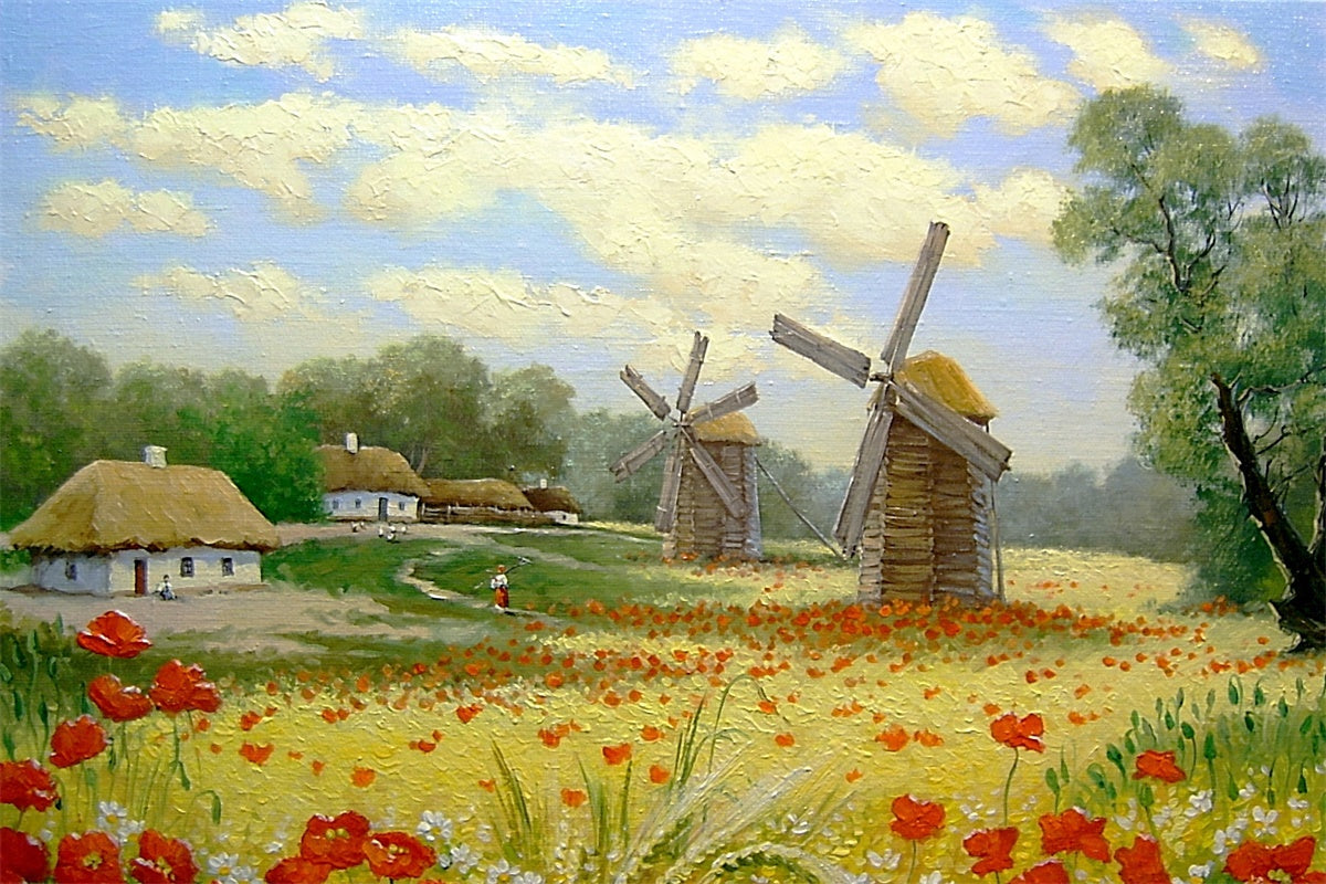 Spring Oil Painting Field Flowers Windmill Village Backdrop M1-73