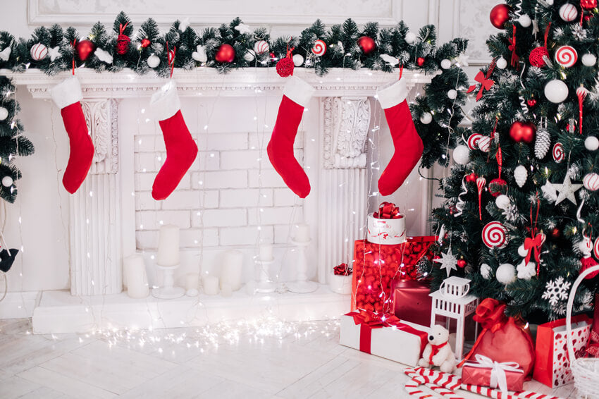 Christmas Tree Fireplace Socks Gift Box Backdrop