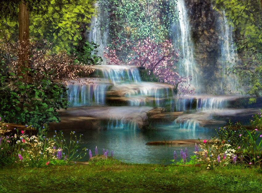 Summer Waterfall Forest Nature Scenery Backdrop