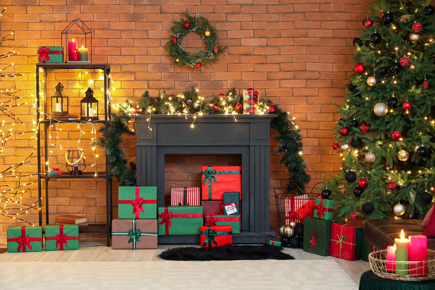 Fireplace Christmas Tree Glowing Lights Backdrop