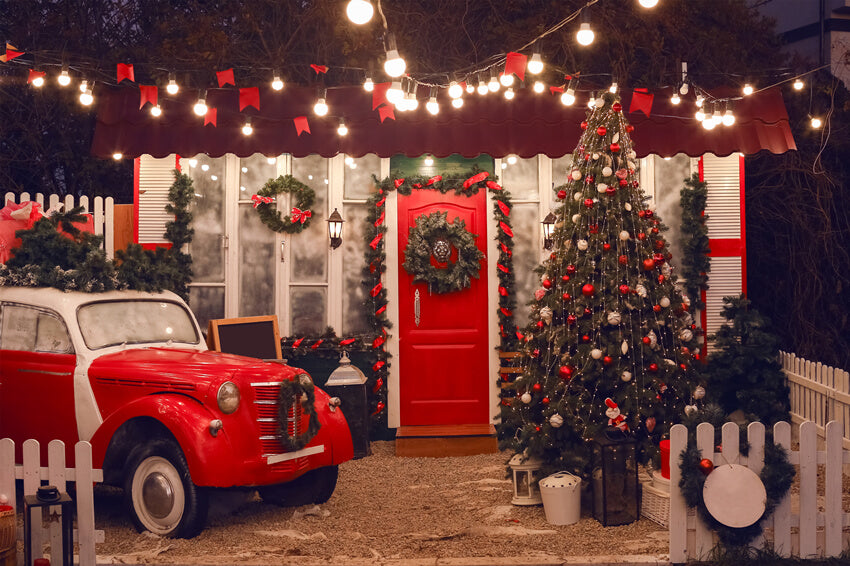 Christmas Tree Red Car Photography Backdrop